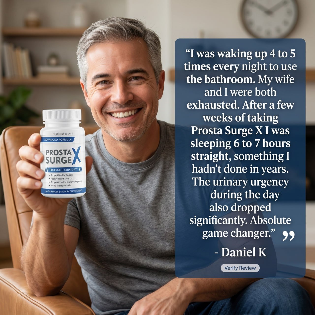 Daniel K. holding a bottle of Prosta Surge X, customer testimonial